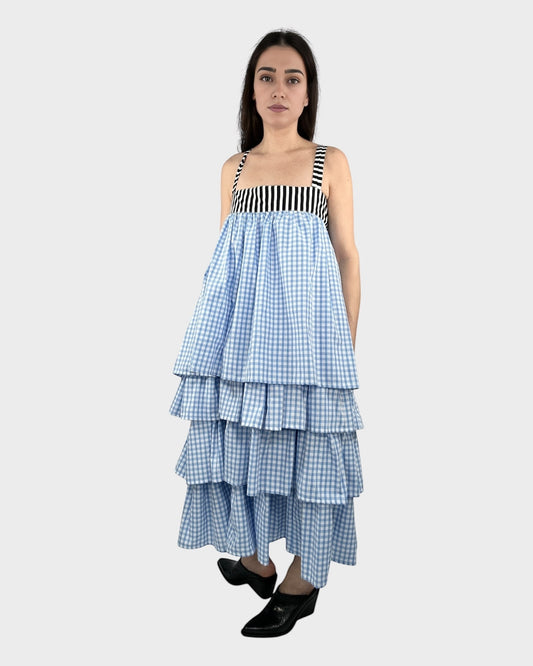 Ruffled Midi Slip on Dress in Blue