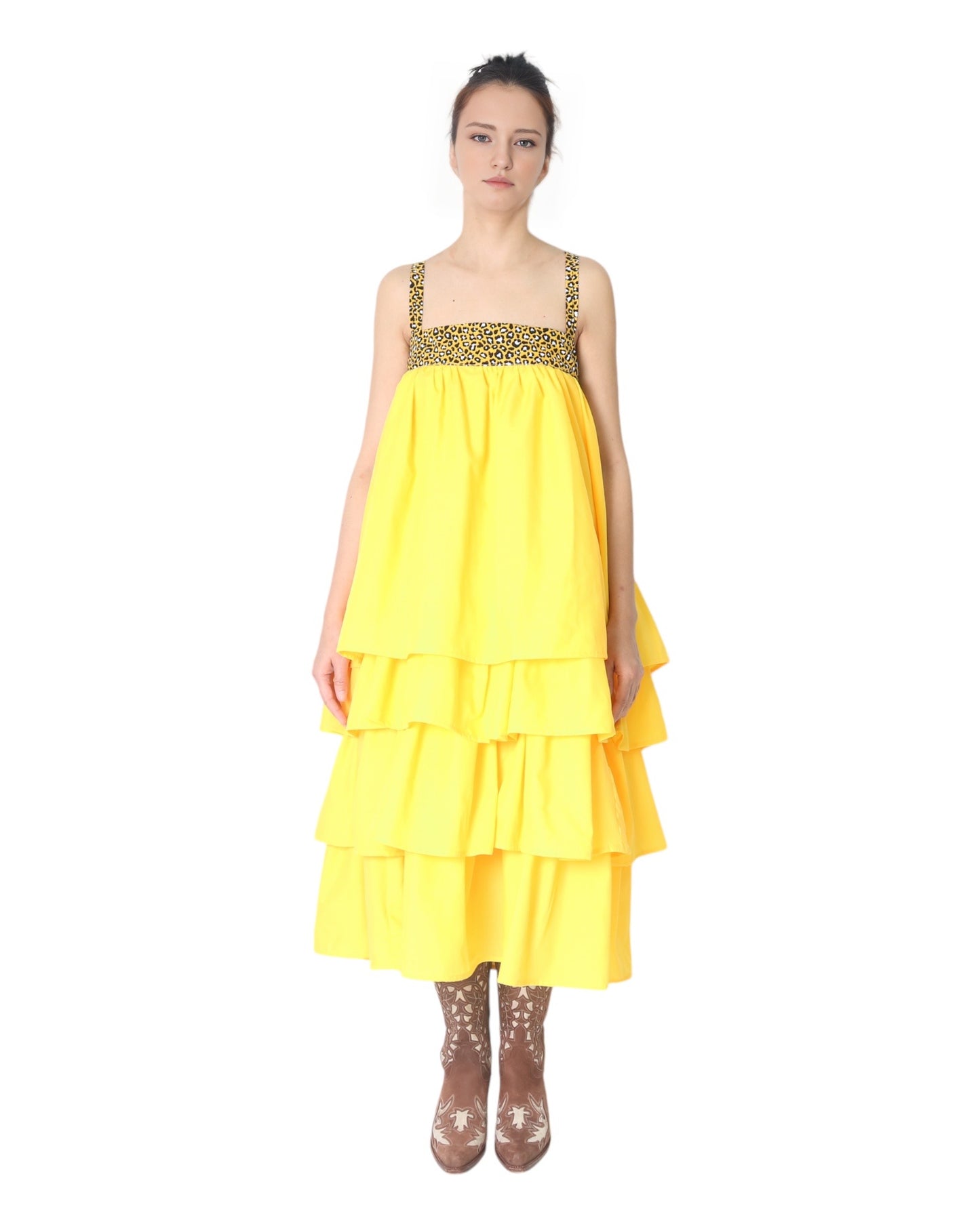 Ruffled Midi Slip on Dress in Yellow