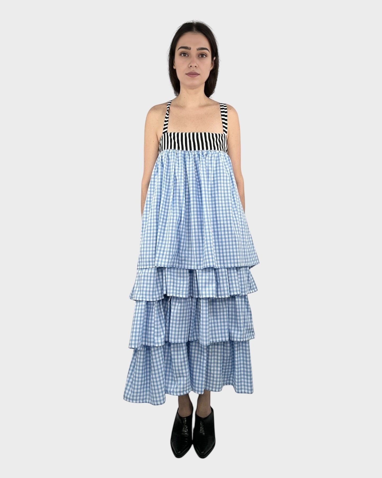 Ruffled Midi Slip on Dress in Blue