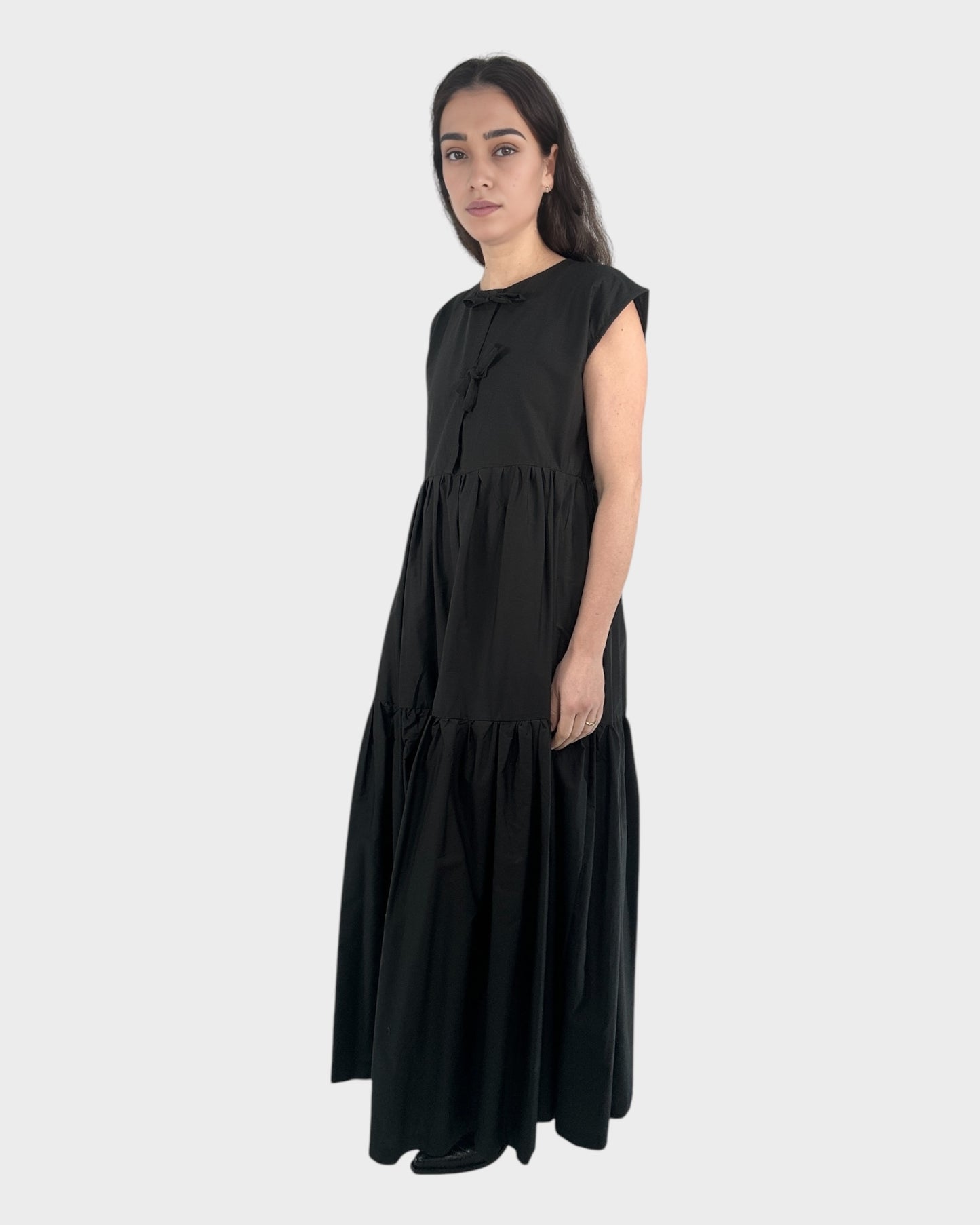 Tied Front Exaggerated Volume Maxi Dress in Black