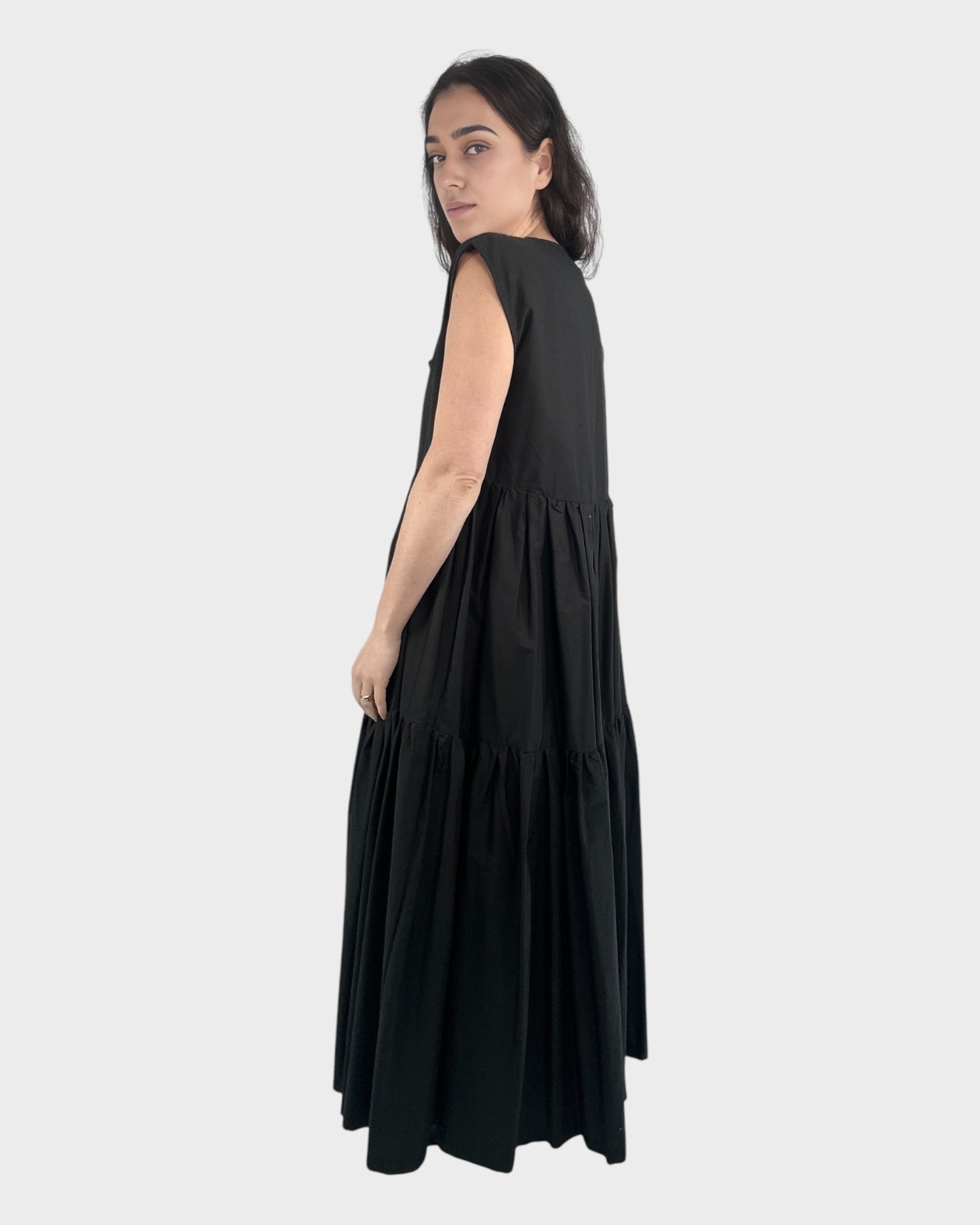 Tied Front Exaggerated Volume Maxi Dress in Black