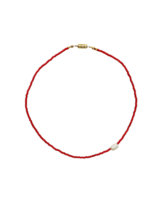 Red Beaded Choker with Potato Pearl