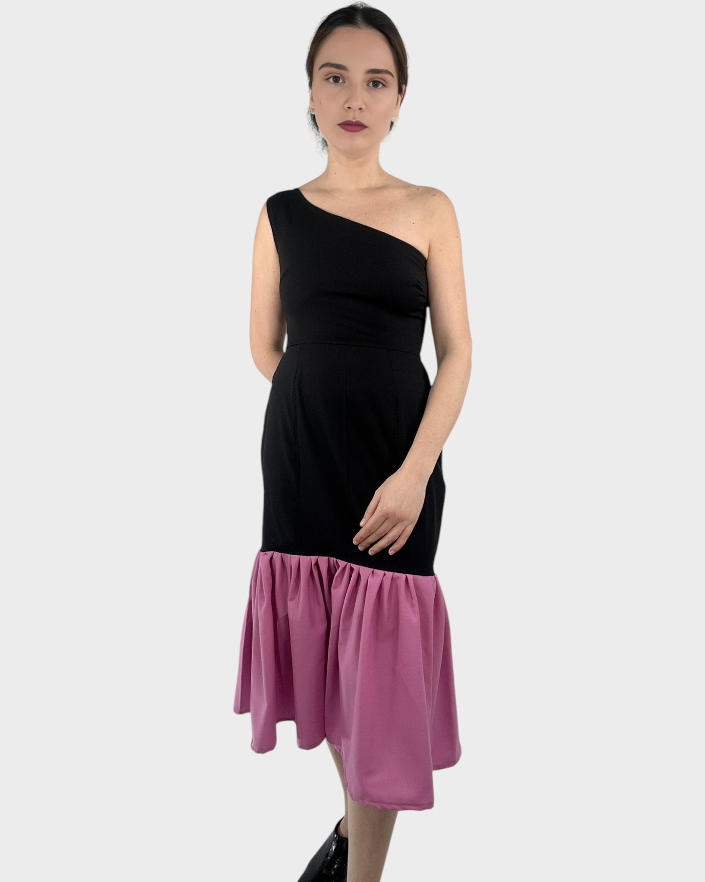 One-Shoulder Wool Midi Dress