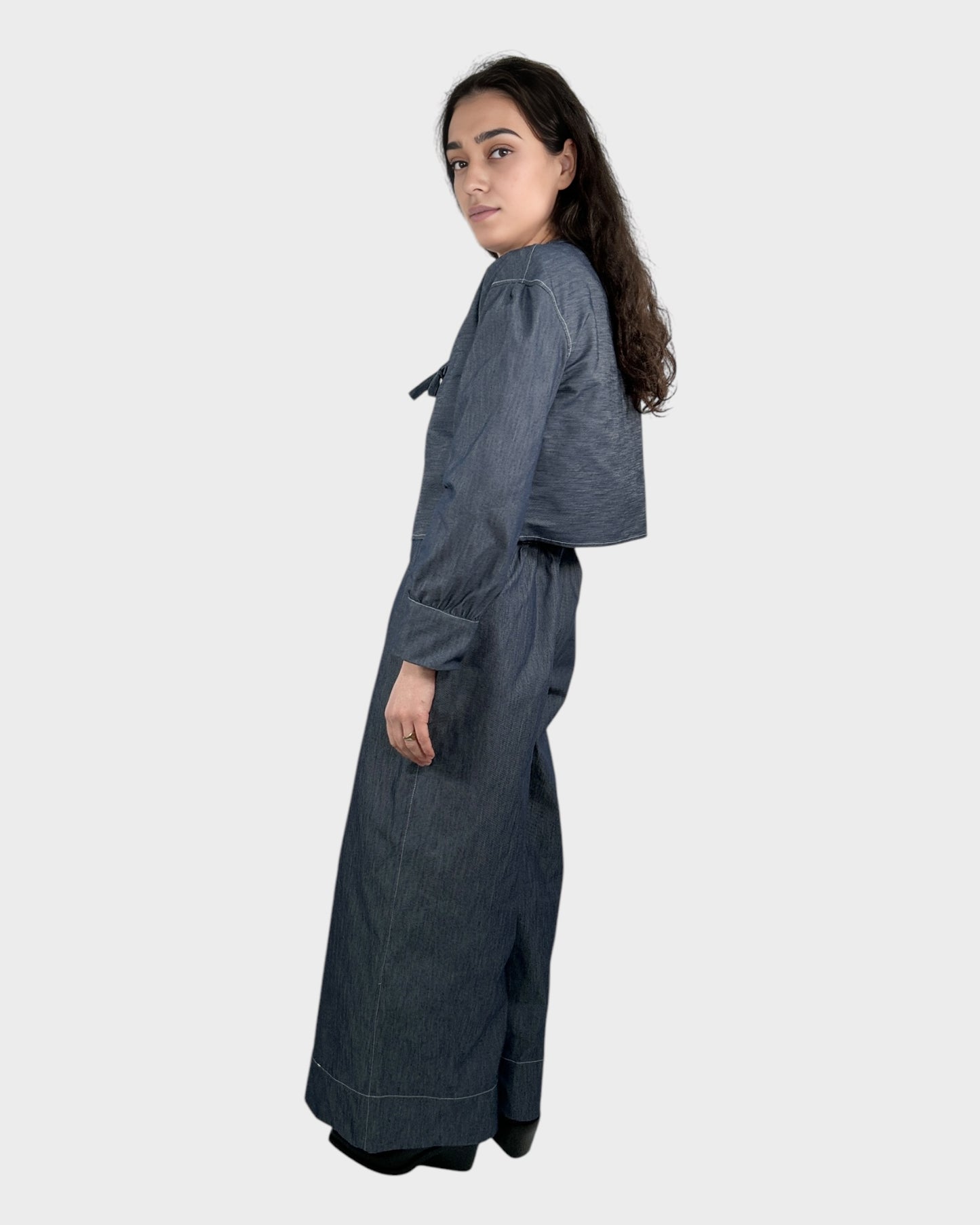 Tied Front Denim Top & High Waist Denim Trousers