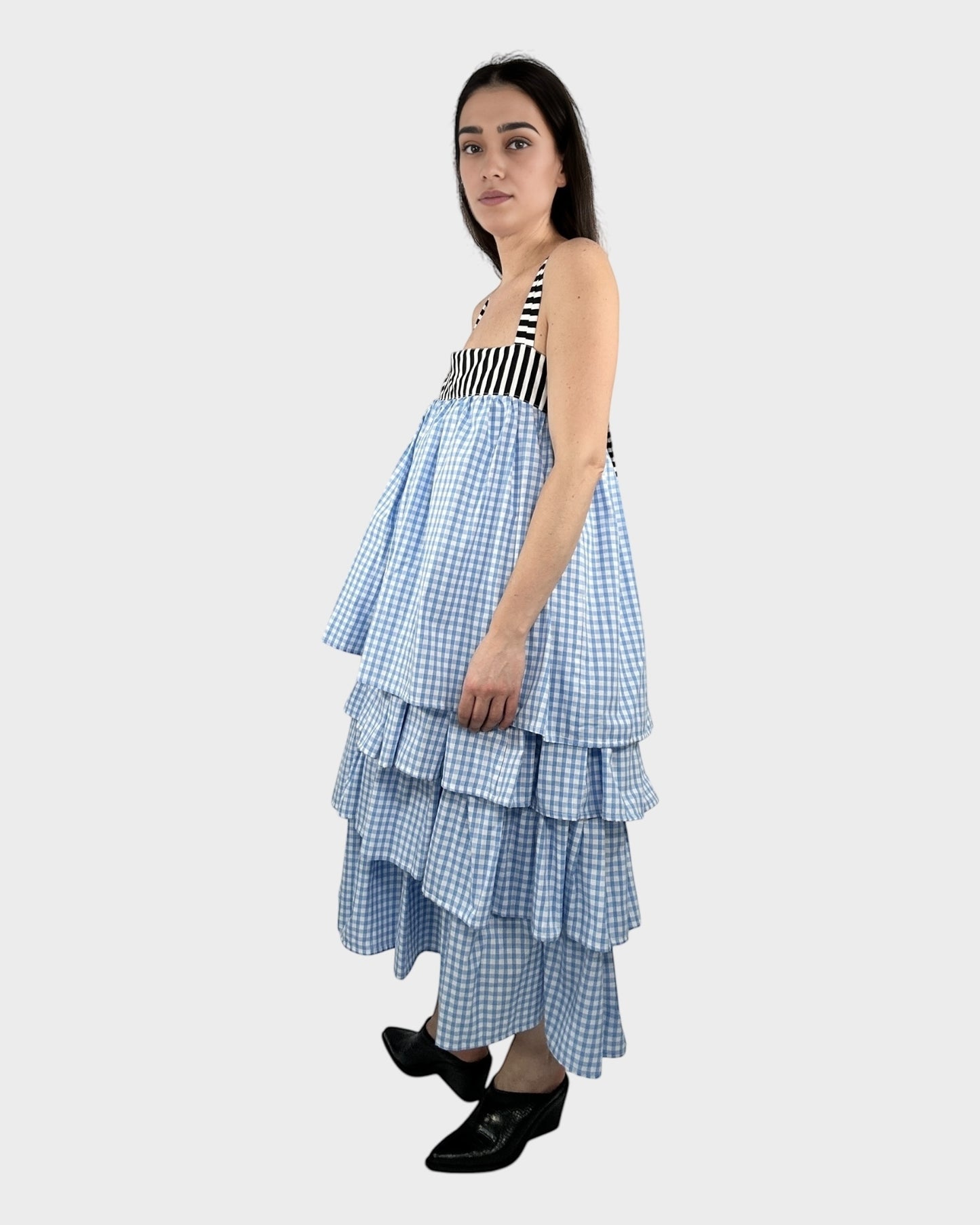 Ruffled Midi Slip on Dress in Blue