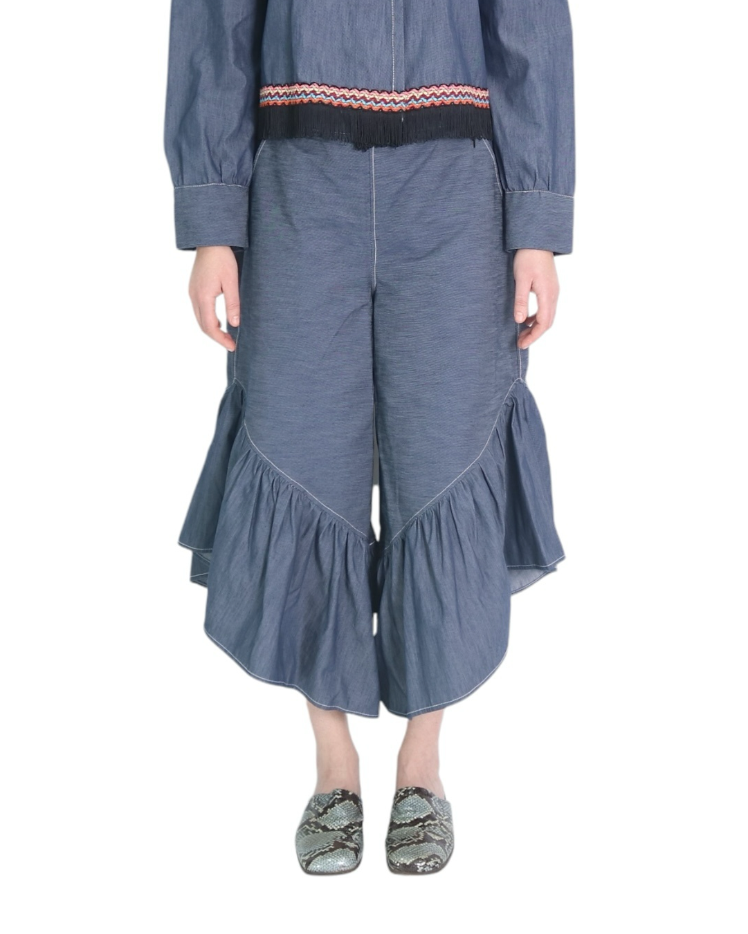 Tied Front Denim Top & High Waist Denim Trousers