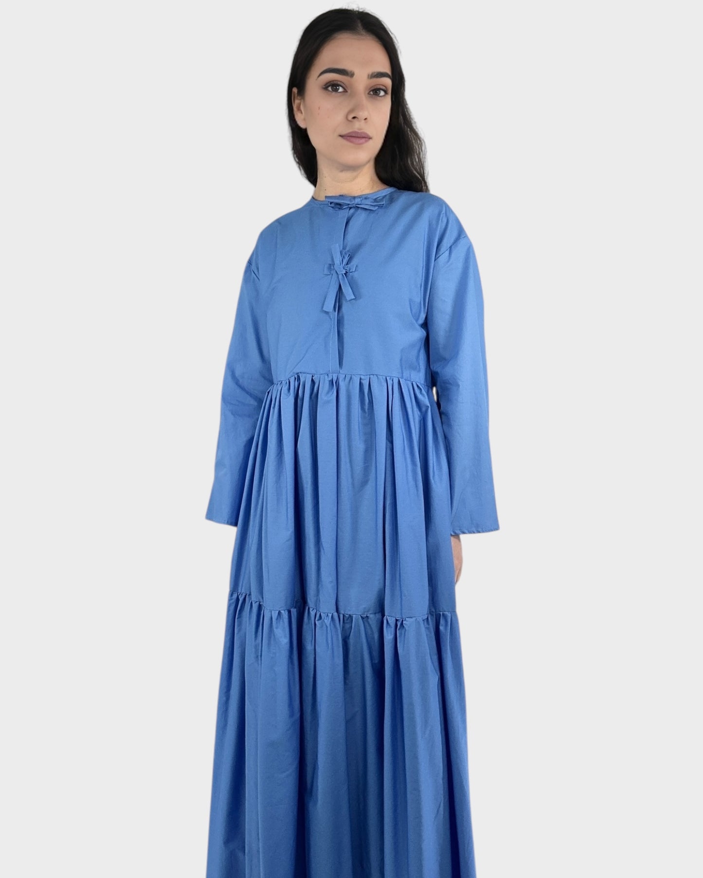 Tied Front Exaggerated Volume Maxi Dress in Blue