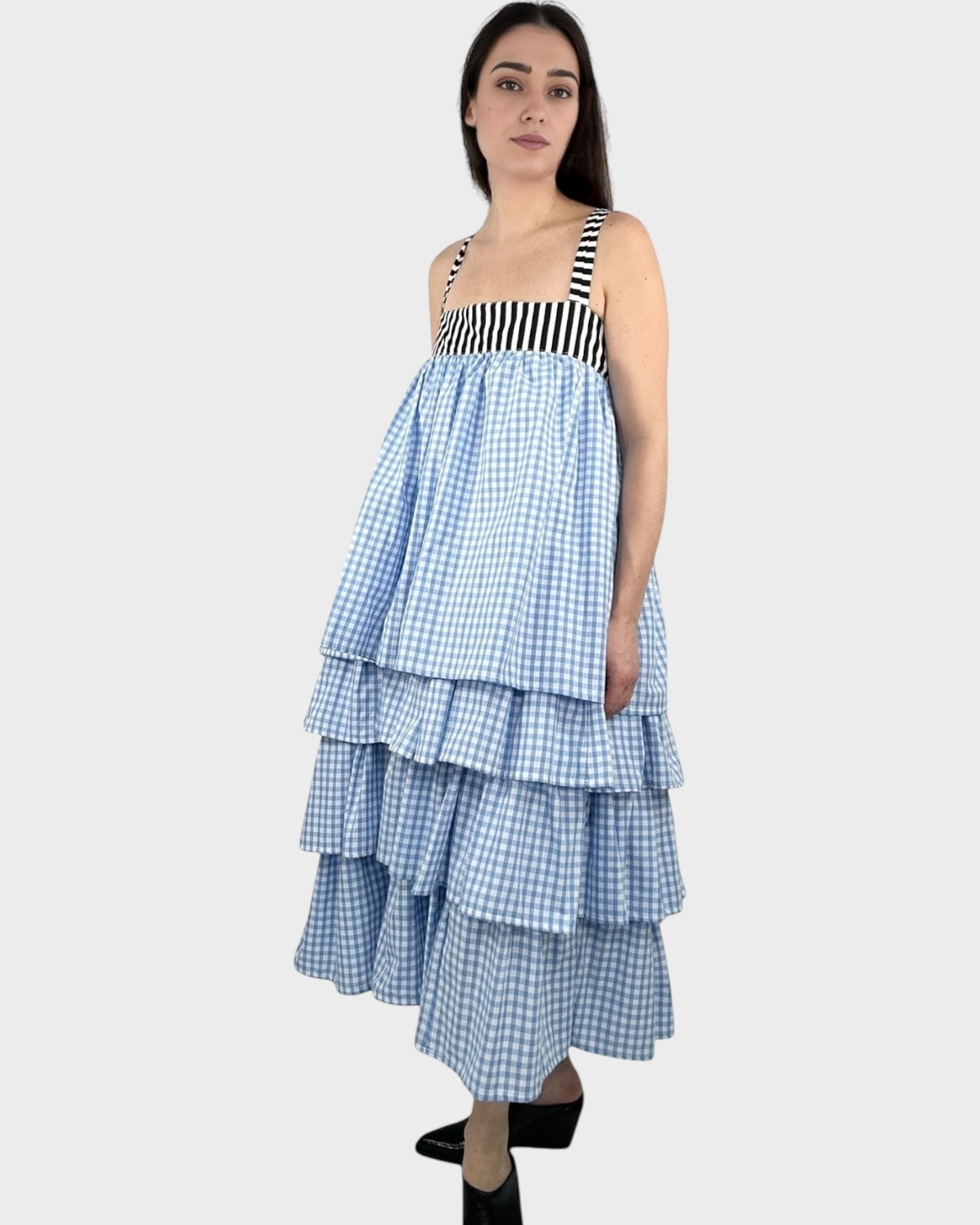 Ruffled Midi Slip on Dress in Blue