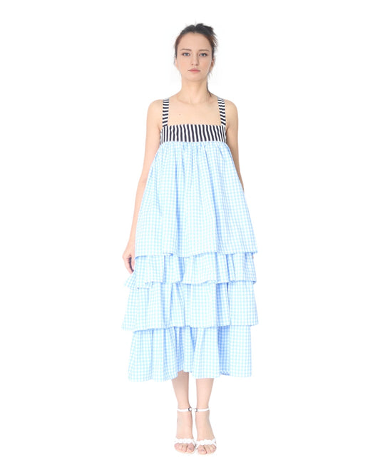 Ruffled Midi Slip on Dress in Blue