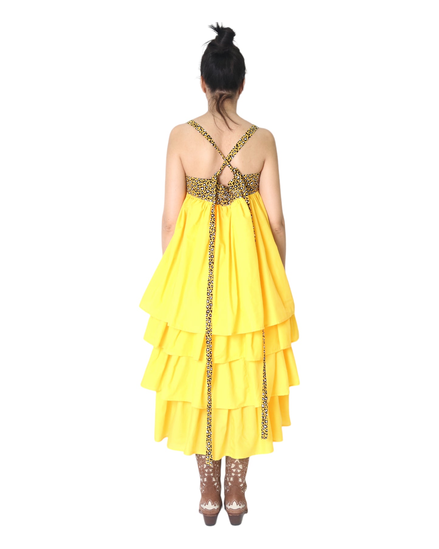 Ruffled Midi Slip on Dress in Yellow