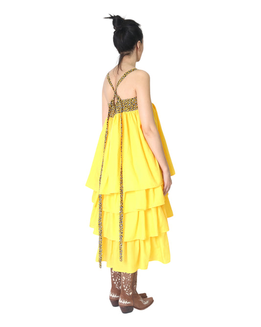 Ruffled Midi Slip on Dress in Yellow