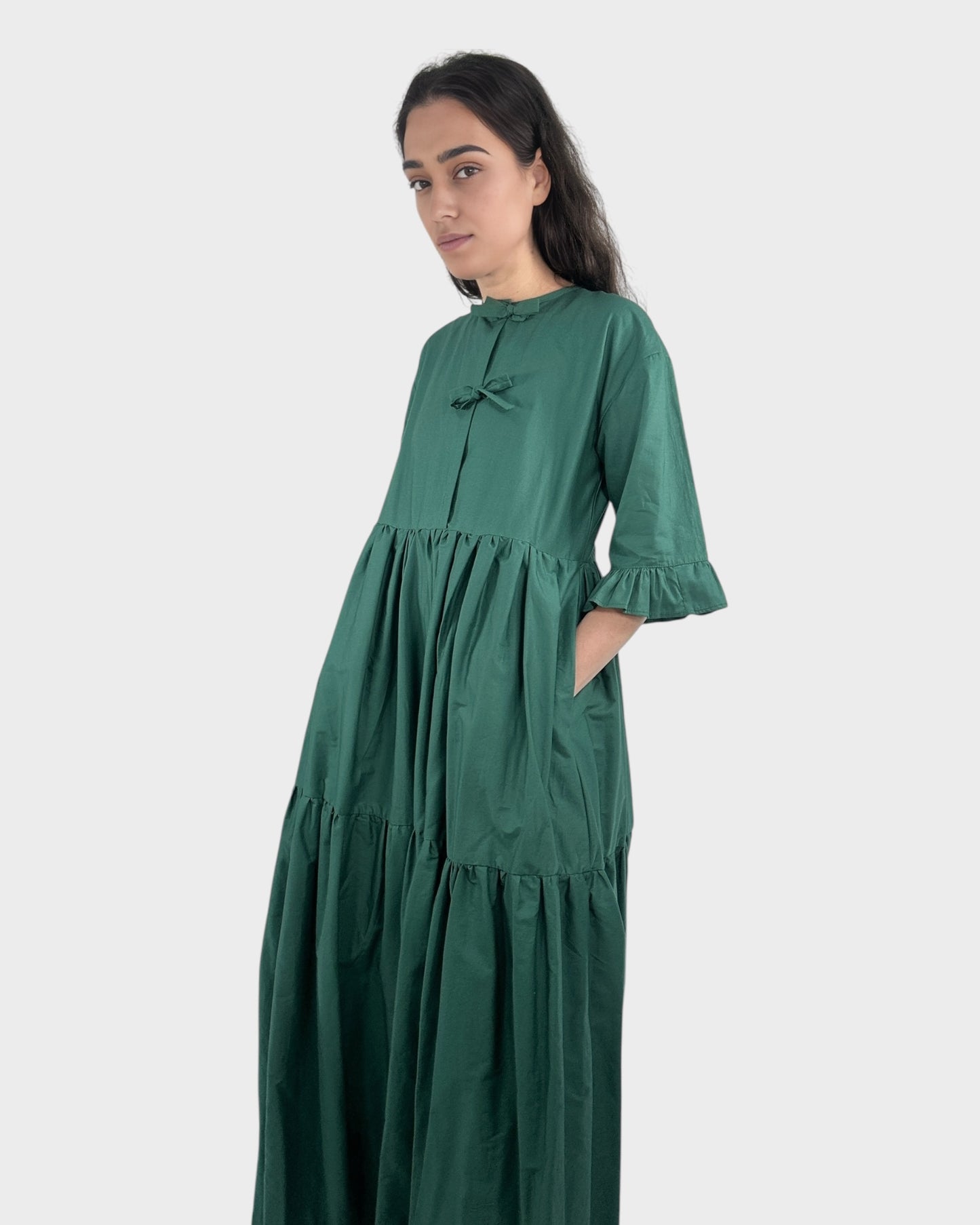 Tied Front Exaggerated Volume Maxi Dress in Green