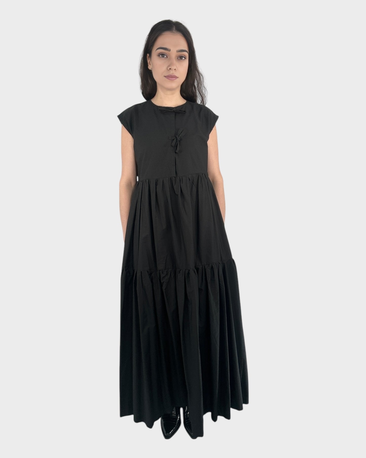 Tied Front Exaggerated Volume Maxi Dress in Black