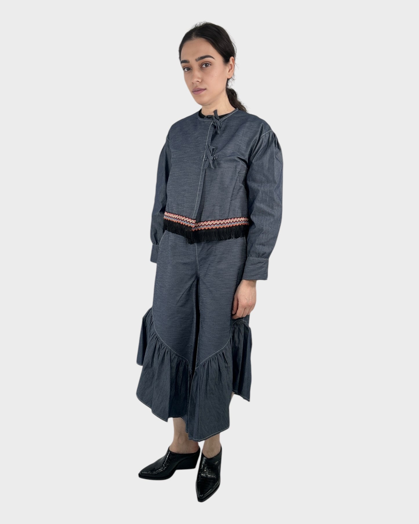 Tied Front Denim Top & High Waist Denim Trousers