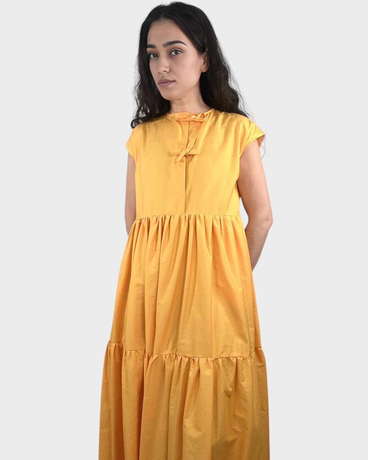 Tied Front Exaggerated Volume Maxi Dress in Yellow