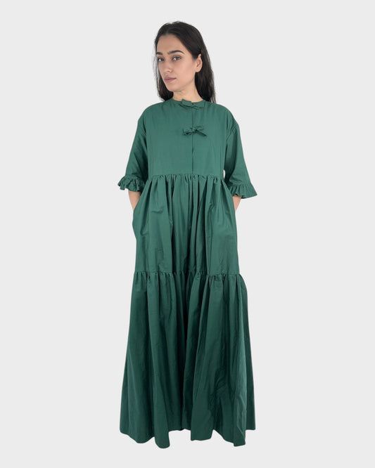 Tied Front Exaggerated Volume Maxi Dress in Green