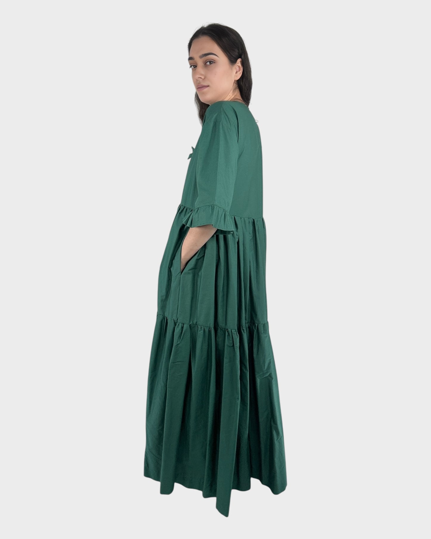 Tied Front Exaggerated Volume Maxi Dress in Green