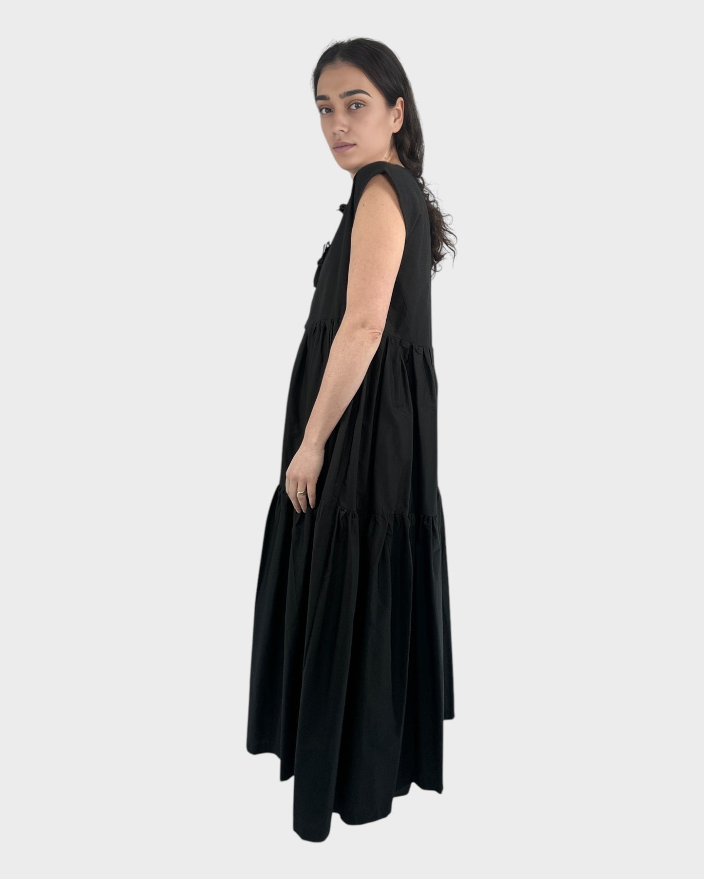 Tied Front Exaggerated Volume Maxi Dress in Black